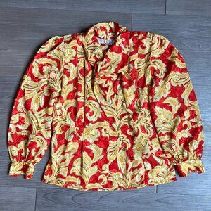Vtg 80s Anne Klein for New Aspects Red & Gold Tie Neck Button Down Blouse Size 8